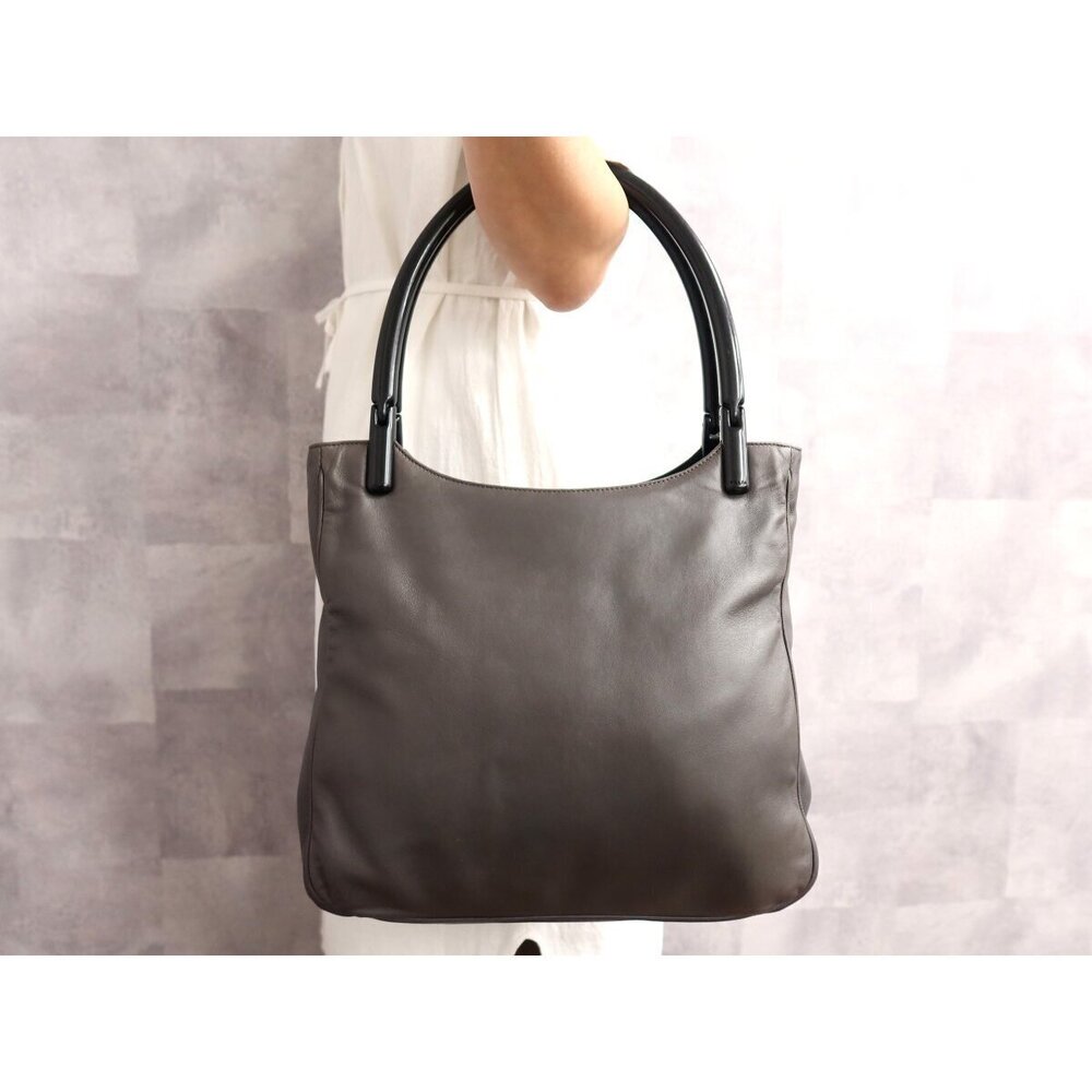 Prada Embossed Logo Handle Calf Leather Genuine Leather Handbag Gray Black Made